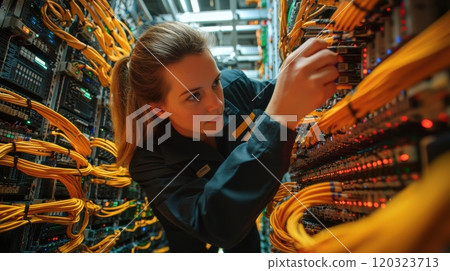 Confident Young Woman in Stylish Suit Posing Against Modern Architectural Background 120323713