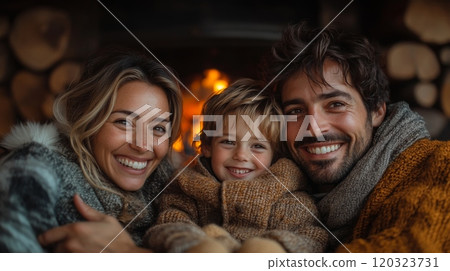 A smiling family of three huddles close together by a glowing fireplace in a rustic cabin, enjoying a warm winter moment filled with love and happiness. 120323731