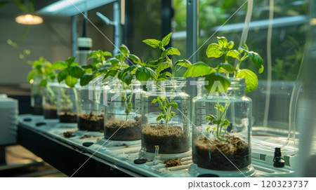 Basil plants are growing in clear glass jars with a hydroponic system. The jars are lined up on a metal shelf with a white surface below. 120323737
