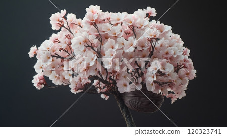 A cherry blossom tree with pink flowers is in full bloom, its branches reaching out against a dark gray background. A cherry blossom tree with pink flowers is in full bloom, its branches reaching out against a dark gray background. 120323741