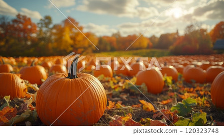 A vibrant field of pumpkins dotted among colorful autumn leaves, illuminated by warm sunlight. The scene captures the essence of fall festivities. 120323748