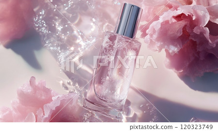 A delicate fragrance bottle sits amidst soft pink flowers, glistening with droplets of water. The arrangement captures a serene moment, evoking a sense of freshness and beauty in nature. 120323749