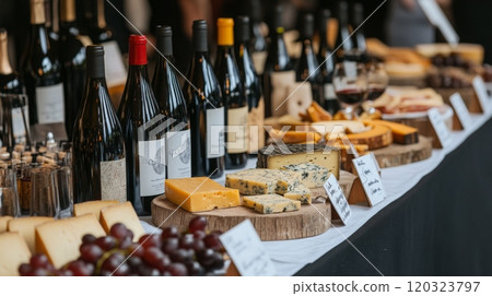 A variety of cheeses and bottles of wine are elegantly arranged on wooden boards, creating an inviting atmosphere at a food tasting event. 120323797