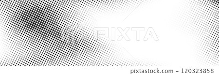 Grunge halftone background. Fading grit noise gradient texture. Black and white sand wallpaper. Wide long retro pixelated backdrop. Anime or manga comic style overlay. Vector halftone gritty print 120323858