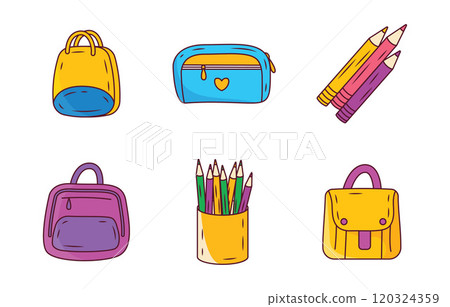 Elements Set of School Stationery Tool and Equipment with Pencil Pen Bag Elements Set of School Stationery Tool and Equipment with Pencil Pen Bag 120324359