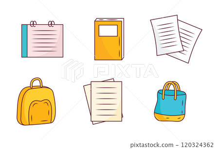 Elements Set of School Stationery Tool and Equipment with Book Paper Bag Elements Set of School Stationery Tool and Equipment with Book Paper Bag 120324362