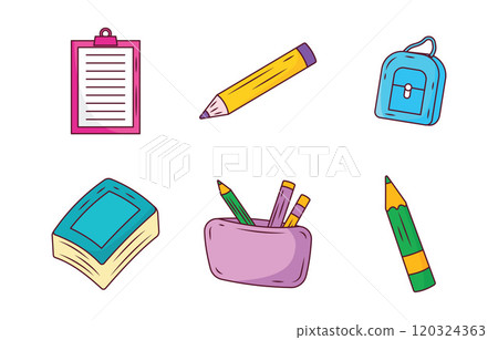 Elements Set of School Stationery Tool and Equipment with Book Pencil Bag Elements Set of School Stationery Tool and Equipment with Book Pencil Bag 120324363