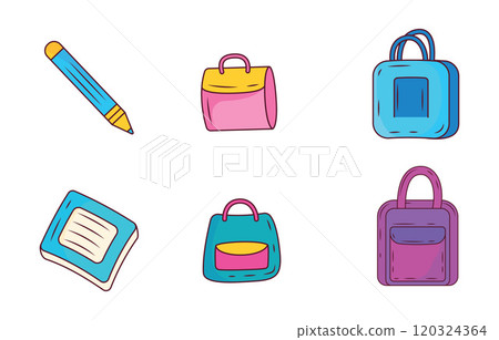 Elements Set of School Stationery Tool and Equipment with Book Pencil Bag Elements Set of School Stationery Tool and Equipment with Book Pencil Bag 120324364