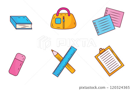 Elements Set of School Stationery Tool and Equipment with Book Pencil Bag Elements Set of School Stationery Tool and Equipment with Book Pencil Bag 120324365