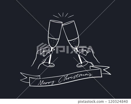 Christmas, line drawing illustration of a toast with champagne glasses 120324840
