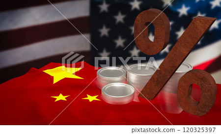 The rust percent and coins on Chinese and usa flag for tax or business concept 3d rendering. The rust percent and coins on Chinese and usa flag for tax or business concept 3d rendering. 120325397