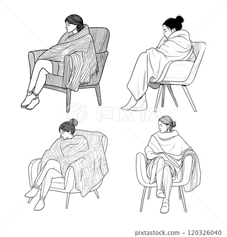 Cozy Seated Figures in Blankets Sketches 120326040
