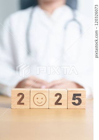 Happy New Year 2025 with Smile block against doctor. Health, Healthcare insurance, medical Satisfaction, feedback, Review, mental health, wellbeing, wellness and good year concept Happy New Year 2025 with Smile block against doctor. Health, Healthcare insurance, medical Satisfaction, feedback, Review, mental health, wellbeing, wellness and good year concept 120326073