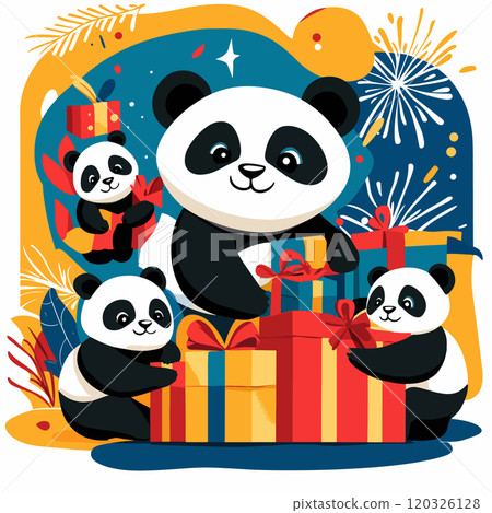 Pandas Celebrating with Gifts and Fireworks 120326128