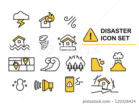 Simple and flat disaster icon set 120326424