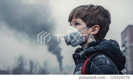 A kid boy wears a mask in a polluted city. The concept of urban environmental challenges, air quality, and protecting future generations. Generative AI. 120326570