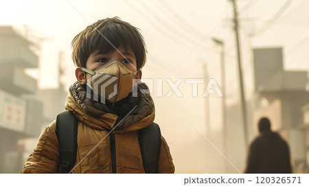 A kid boy wears a mask in a polluted city. The concept of urban environmental challenges, air quality, and protecting future generations. Generative AI. A kid boy wears a mask in a polluted city. The concept of urban environmental challenges, air quality, and protecting future generations. Generative AI. 120326571