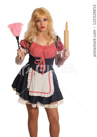 Blonde Woman in Retro Dress Holding Feather Duster and Rolling Pin 120326652