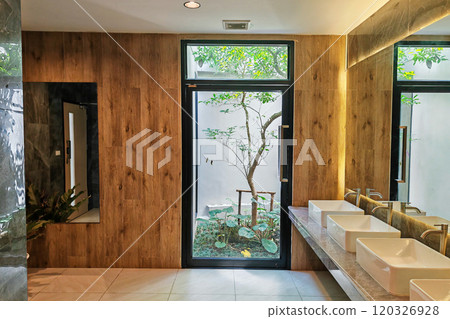 restroom interior design with sinks by window and outdoor tree restroom interior design with sinks by window and outdoor tree 120326928