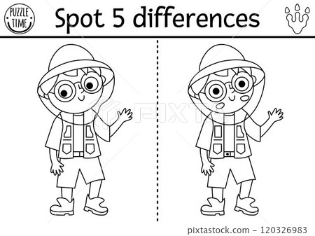 Find differences game. Dinosaur black and white educational activity with paleontologists boy waving hand. Line puzzle for kids with archeologists or researcher. Printable worksheet, coloring page 120326983