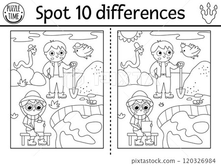 Find differences game for children. Dinosaur black and white educational activity with paleontologists, dig, camp landscape. Line puzzle for kids with archeologists. Printable worksheet, coloring 120326984