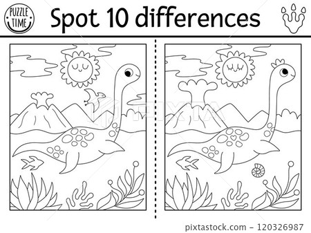 Find differences game for children. Dinosaur black and white educational activity with plesiosaur and prehistoric landscape. Line puzzle for kids with animal. Printable worksheet, coloring page 120326987