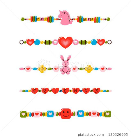 Friendship bracelet vector set. Handmade jewelry. Doodle illustration. 120326995