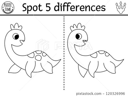 Find differences game for children. Dinosaur black and white educational activity with baby plesiosaur. Line puzzle for kids with little ancient animal. Printable worksheet, coloring page 120326996