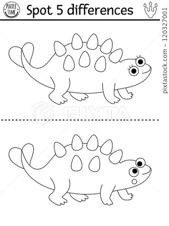 Find differences game for children. Dinosaur black and white educational activity with brontosaurus. Line puzzle for kids with little ancient animal. Printable worksheet, coloring page 120327001