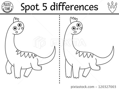 Find differences game. Dinosaur black and white educational activity with brachiosaur. Line puzzle for kids with little ancient animal. Printable worksheet, coloring page with diplodocus 120327003