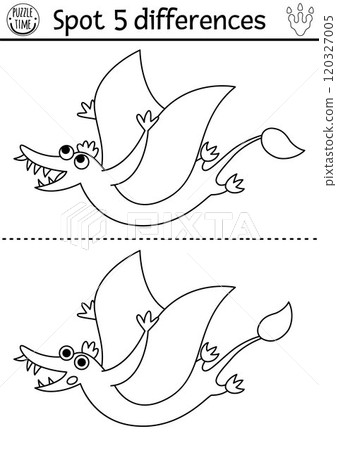 Find differences game for children. Dinosaur black and white educational activity with pterosaur. Line puzzle for kids with little ancient animal. Printable worksheet, coloring page with pterodactyl 120327005