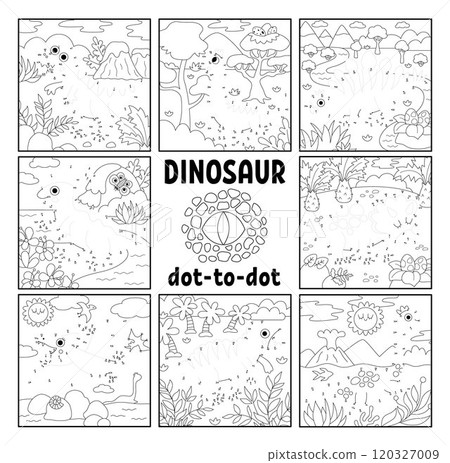 Vector black and white dot-to-dot and color activity set with line prehistoric scene. Dinosaur connect the dots game, coloring page for children. What is missing printable worksheet collection Vector black and white dot-to-dot and color activity set with line prehistoric scene. Dinosaur connect the dots game, coloring page for children. What is missing printable worksheet collection 120327009