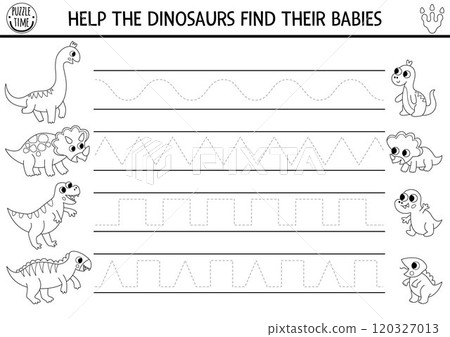 Vector black and white dinosaur handwriting practice worksheet. Prehistoric printable line drawing activity for children with ancient animals and their babies. Tracing game, coloring page 120327013
