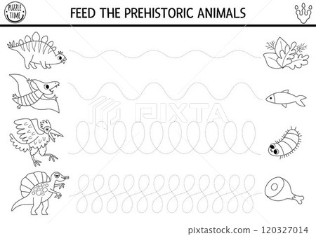 Vector black and white handwriting practice worksheet. Feed the dinosaur game. Prehistoric line printable drawing activity for children with ancient animals and food. Tracing coloring page 120327014