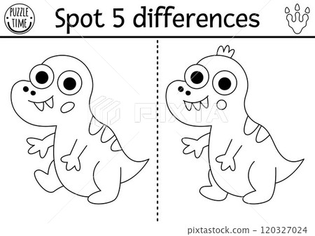 Find differences game for children. Dinosaur black and white educational activity with baby T-rex. Line puzzle for kids with little ancient animal. Printable worksheet, coloring page with tyrannosaur Find differences game for children. Dinosaur black and white educational activity with baby T-rex. Line puzzle for kids with little ancient animal. Printable worksheet, coloring page with tyrannosaur 120327024
