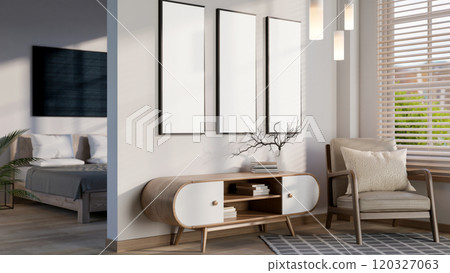 The interior design of a contemporary luxurious apartment room features a living room and bedroom. 120327063