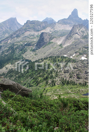 View from the mountain pass to highest rocky peaks of Ergaki National Park 120327596