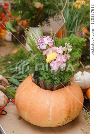 Flower arrangement in a pumpkin, autumn interior decor. Creating handmade autumn decor. 120327618
