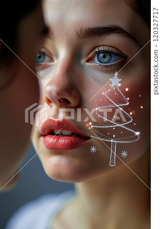 Close-up of woman in front of mirror with silver Christmas tree pattern on her face showing creative beauty. Christmas portrait. Reflexion, meeting new self 120327717