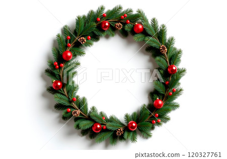 Christmas wreath made of fir branches decorated with red berries, cones and balls on white background. Copy space, layout, layout, design. Minimalism 120327761