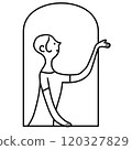A young woman putting her hand out the window to check the rain, monochrome line drawing 120327829