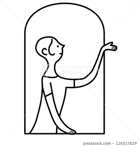 A young woman putting her hand out the window to check the rain, monochrome line drawing 120327829