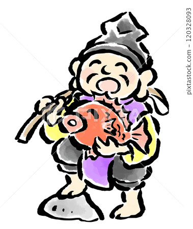 Ebisu holding a fishing rod and sea bream - hand-drawn illustration 120328093