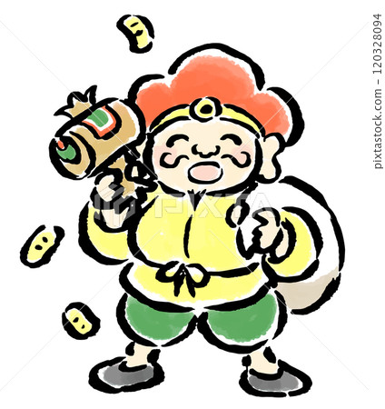 Daikokuten holding a magic mallet and a bag - hand-drawn illustration Daikokuten holding a magic mallet and a bag - hand-drawn illustration 120328094