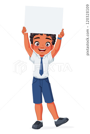 Happy little Indian school boy holding a blank banner. Cartoon vector illustration. 120328109