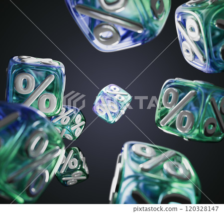 3d black friday sale background with falling glass hologram cubes render. Crystal light holographic block, flying square box with green blue gradient and white percentage discount. 3D illustration 120328147