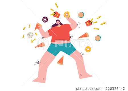 Girl Surrounded by Lots of Food 120328442