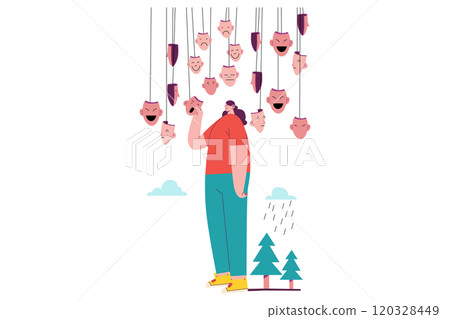 Woman Who Standing Between Expression Masks Woman Who Standing Between Expression Masks 120328449