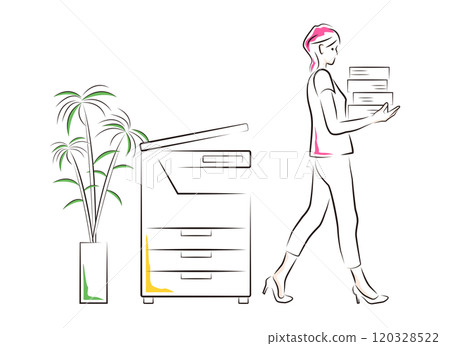 Businesswoman walking to her desk after copying documents on a copy machine 120328522