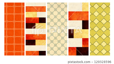 Set of vertical or horizontal banner with paper texture and retro geometric ornamental pattern with strips in shabby chic style. Collection of vintage background in grunge style. Copy space for text 120328596
